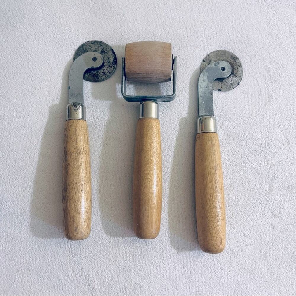3 Vtg Tools Seam Roller Cutter Wallpaper Decoupage Wood Handle 1940's